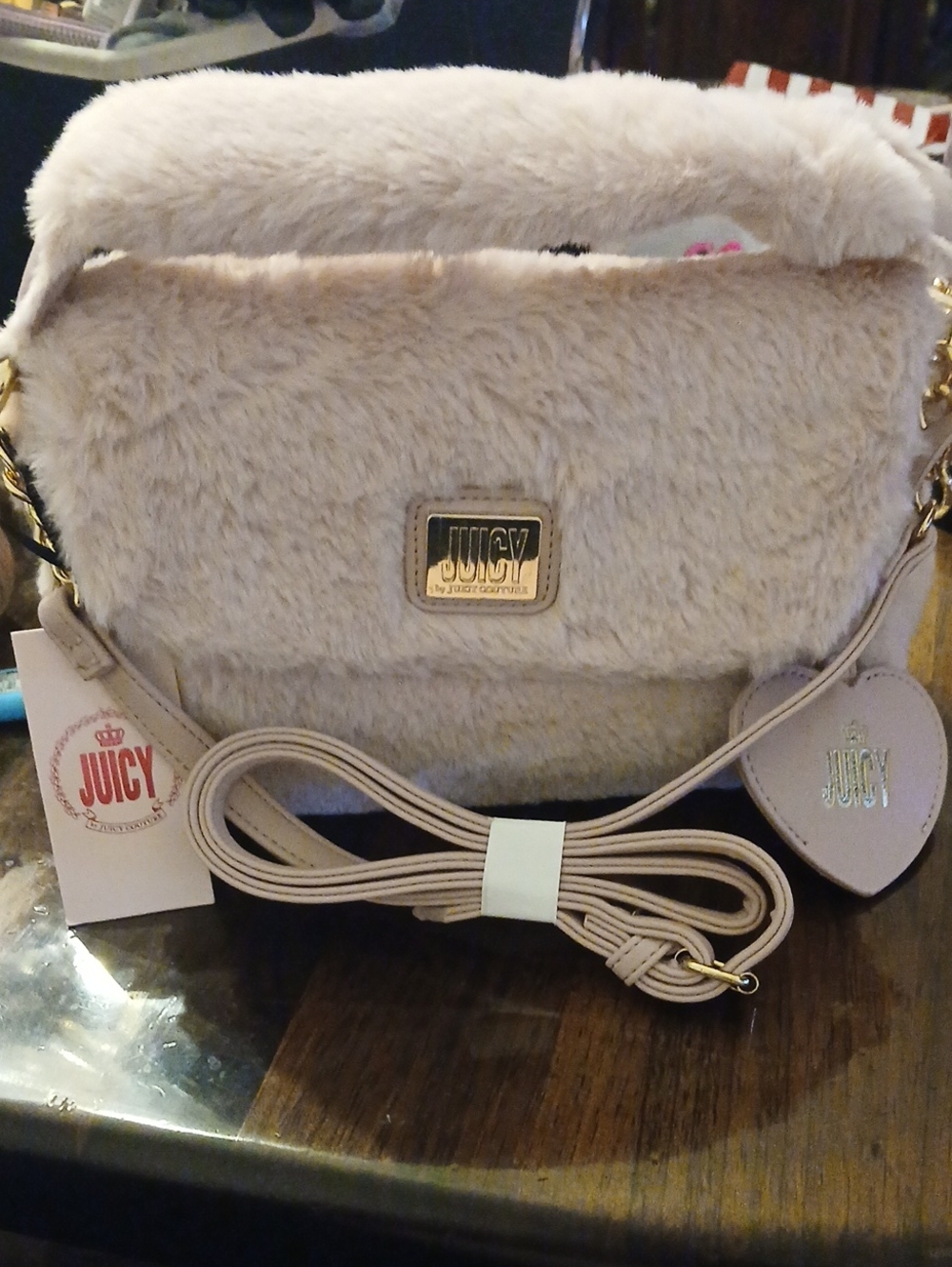 Juicy Couture Pink Faux Fur Crossbody Bag with Gold Plaque